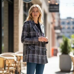 Avec Les Filles Anthropologie Double Breasted Knit Plaid Blazer Multi Color M